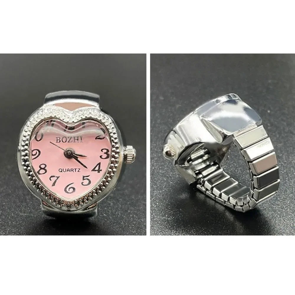 Heart Finger Watch Mini Stainless Steel Italian Charm Link Rings Jewelry Clock Roman Quartz Watch Rings for Women Men