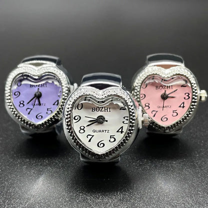 Heart Finger Watch Mini Stainless Steel Italian Charm Link Rings Jewelry Clock Roman Quartz Watch Rings for Women Men