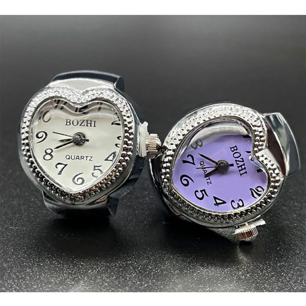 Heart Finger Watch Mini Stainless Steel Italian Charm Link Rings Jewelry Clock Roman Quartz Watch Rings for Women Men