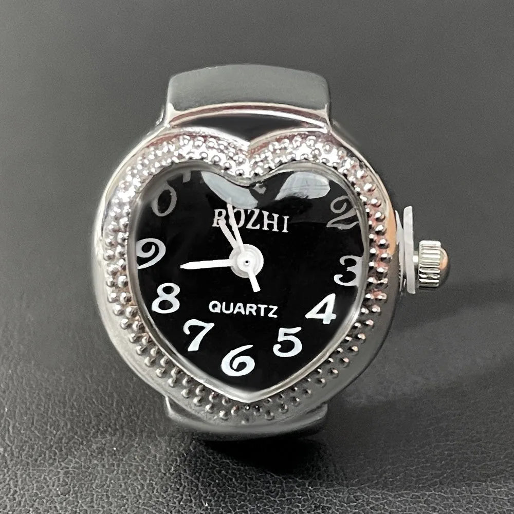 Heart Finger Watch Mini Stainless Steel Italian Charm Link Rings Jewelry Clock Roman Quartz Watch Rings for Women Men