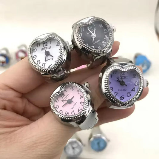 Heart Finger Watch Mini Stainless Steel Italian Charm Link Rings Jewelry Clock Roman Quartz Watch Rings for Women Men