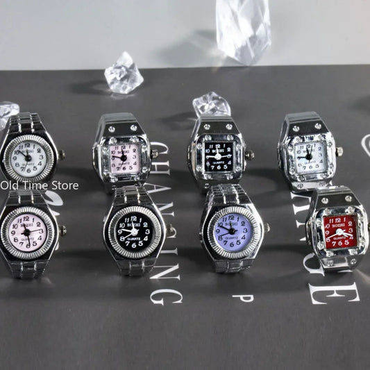 Fashion Mini Quartz Watch Clock Finger Rings for Men Women Elastic Strap Punk Gothic Couple Roman Ring Jewelry Gift