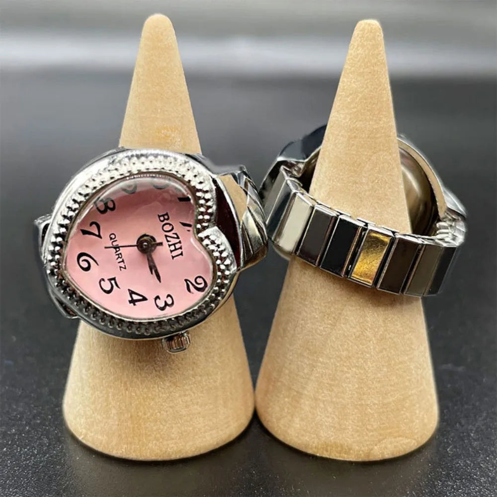 Heart Finger Watch Mini Stainless Steel Italian Charm Link Rings Jewelry Clock Roman Quartz Watch Rings for Women Men